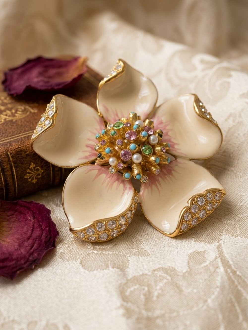 Vintage Enamel Flower Brooch Pin Rhinestone Pearl Center Cream Pink Floral